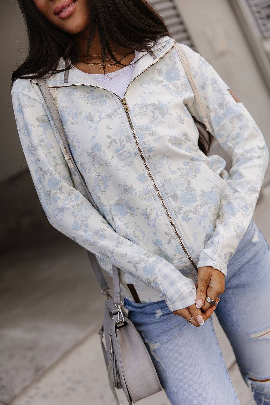 Ampersand Ave | FullZip Sweatshirt | Blue Ribbon Blooms