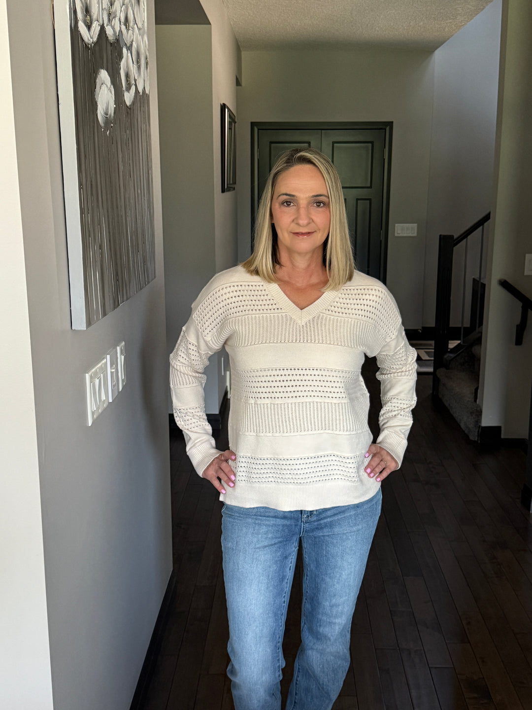 Pointelle Striped Sweater | Almond