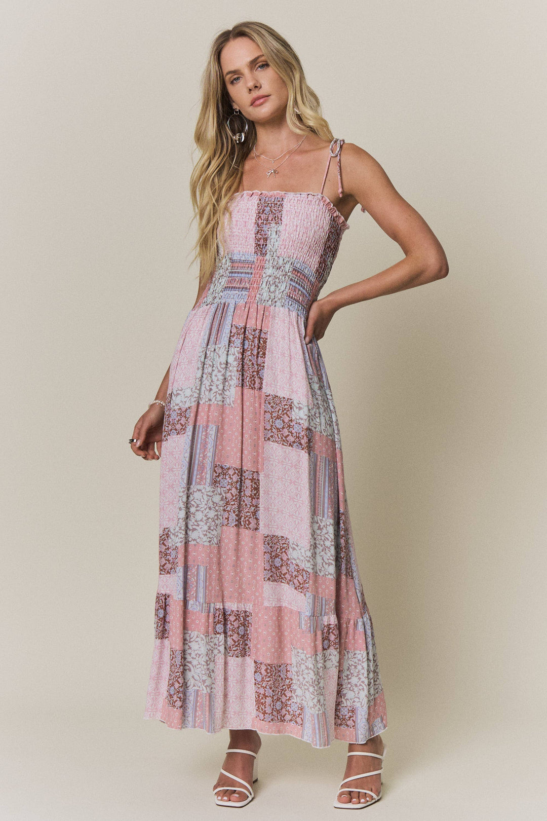 Patchwork Smocked Top Maxi Dress | Mauve
