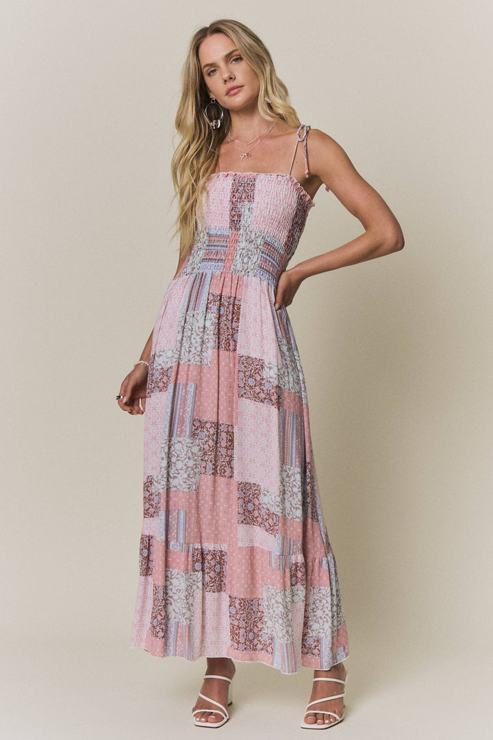 Patchwork Smocked Top Maxi Dress | Mauve