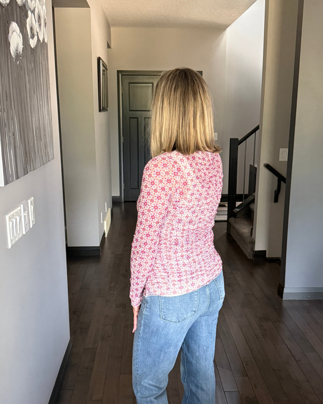 Madison Mesh Top | Ivory & Pink Abstract