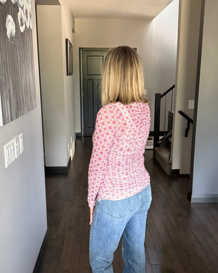 Madison Mesh Top | Ivory & Pink Abstract