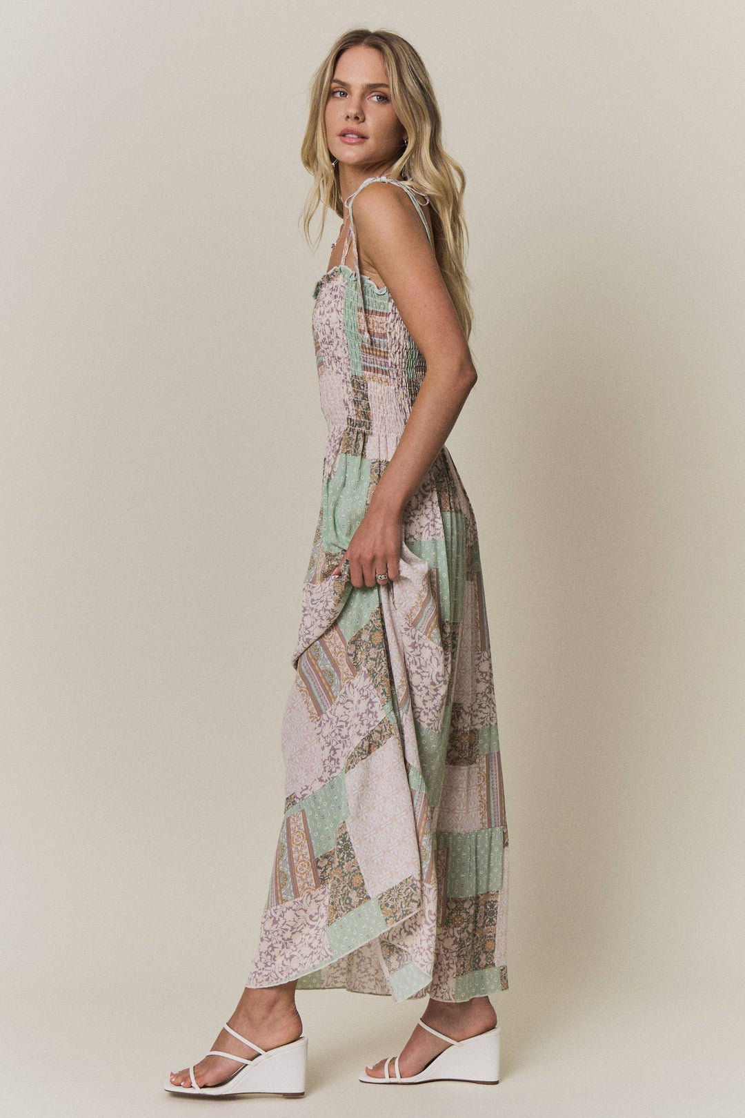 Patchwork Smocked Top Maxi Dress | Sage