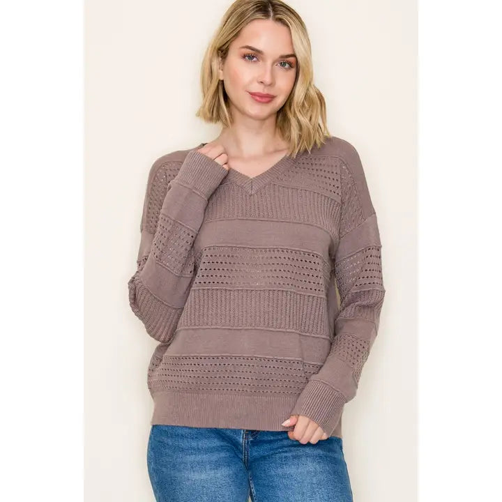 Pointelle Striped Sweater | Dark Mocha