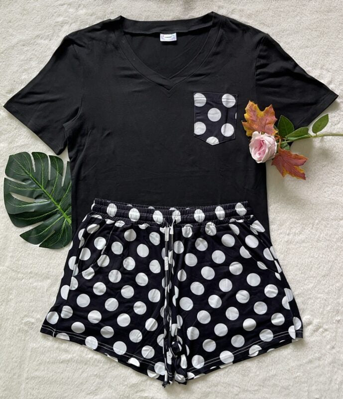 PREORDER  Shirley & Stone | Shorts & Pocket Tee PJ Set | Black Polka Dot - SHIPS EARLY JULY