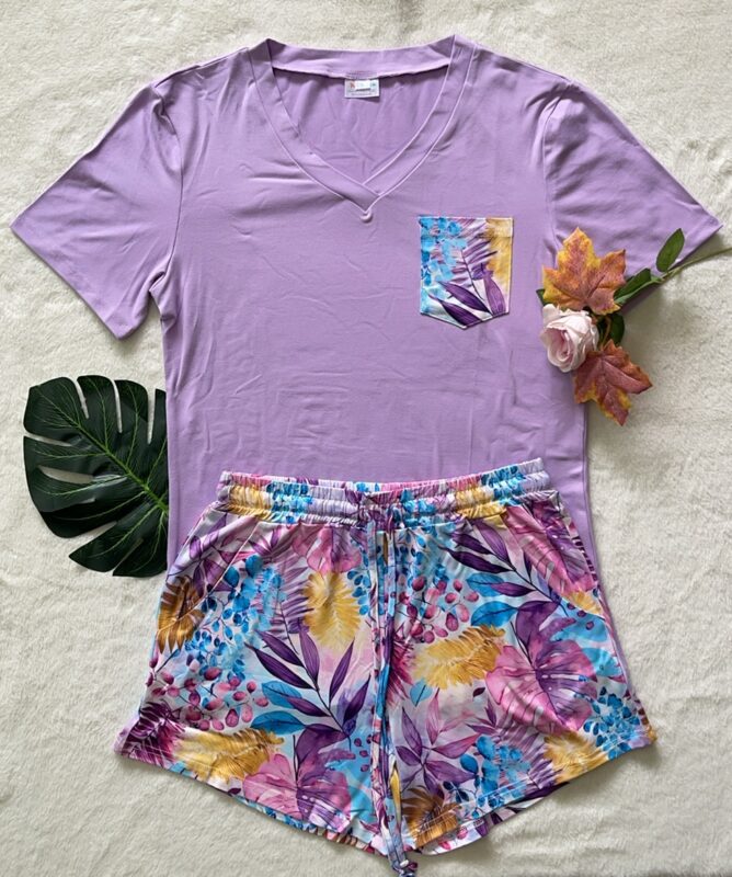 PREORDER  Shirley & Stone | Shorts & Pocket Tee PJ Set | Lavender - SHIPS EARLY JULY
