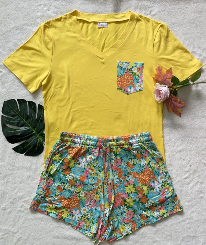 PREORDER  Shirley & Stone | Shorts & Pocket Tee PJ Set | Yellow - SHIPS EARLY JULY