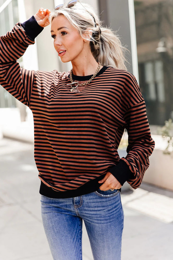 PREORDER  Ampersand Ave | Performance Fleece University Pullover | Chai Stripe - ETA AUGUST