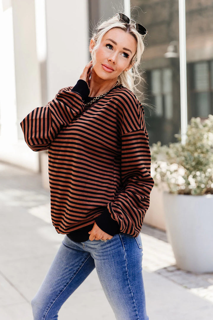 PREORDER  Ampersand Ave | Performance Fleece University Pullover | Chai Stripe - ETA AUGUST