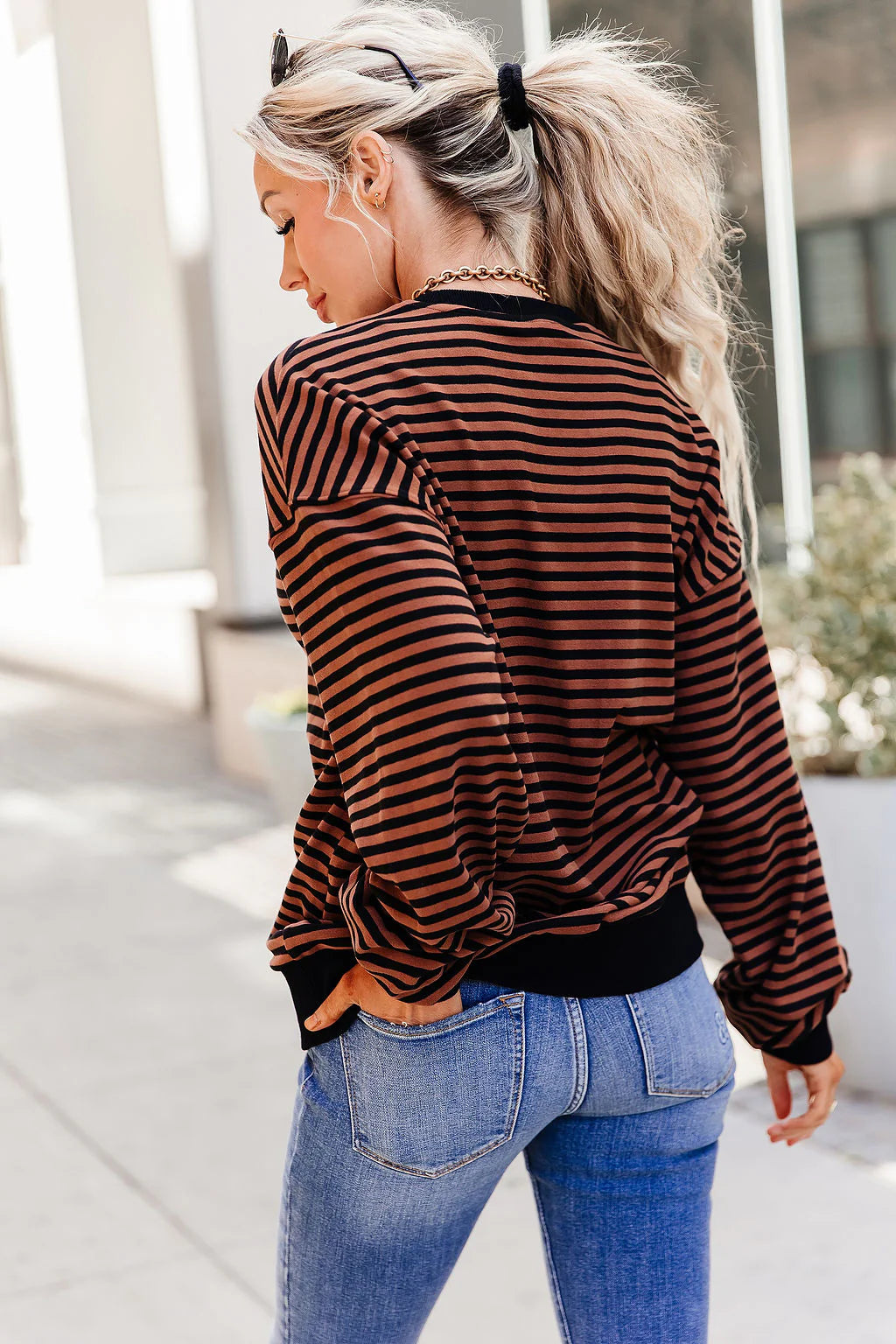 PREORDER  Ampersand Ave | Performance Fleece University Pullover | Chai Stripe - ETA AUGUST