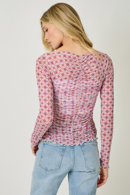 Madison Mesh Top | Ivory & Pink Abstract