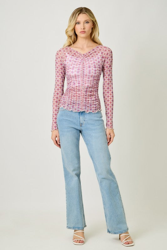 Madison Mesh Top | Ivory & Pink Abstract