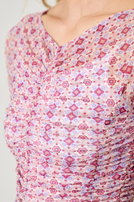 Madison Mesh Top | Ivory & Pink Abstract