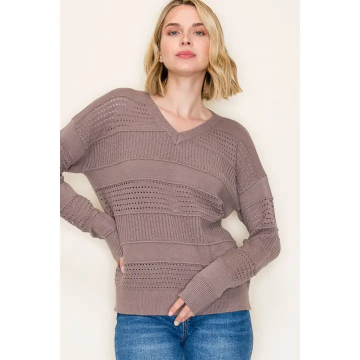 Pointelle Striped Sweater | Dark Mocha