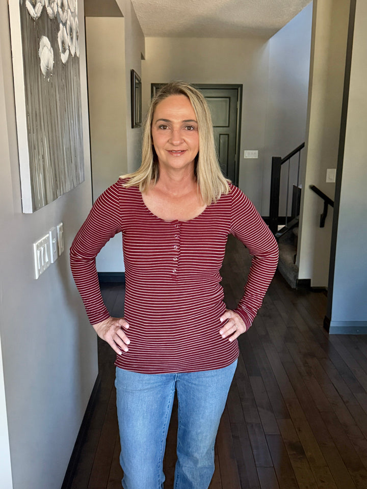 Michelle Mae | Striped Henley Long Sleeve | Burgundy