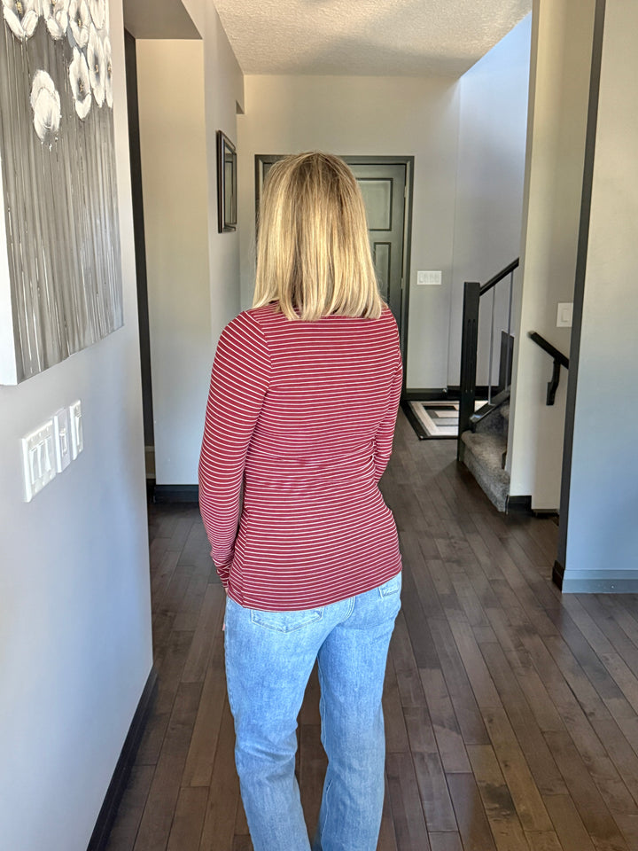Michelle Mae | Striped Henley Long Sleeve | Burgundy