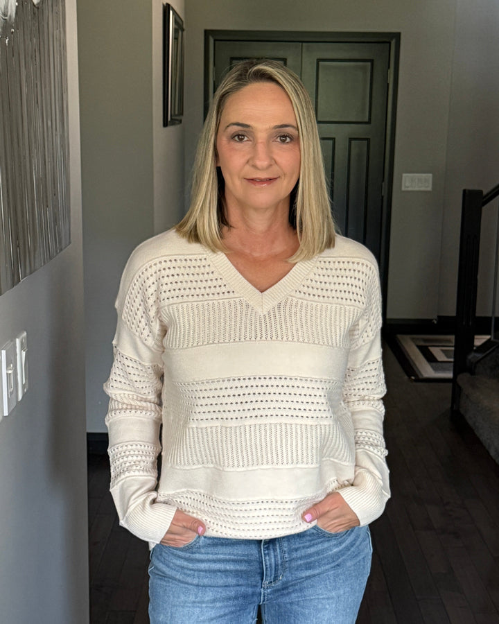Pointelle Striped Sweater | Almond