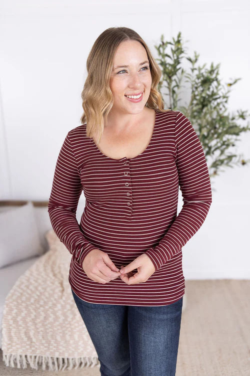 Michelle Mae | Striped Henley Long Sleeve | Burgundy