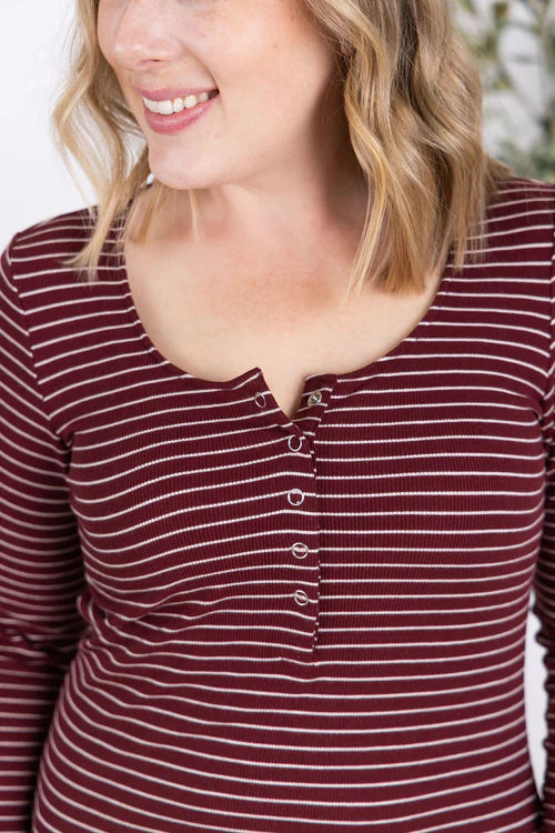 Michelle Mae | Striped Henley Long Sleeve | Burgundy