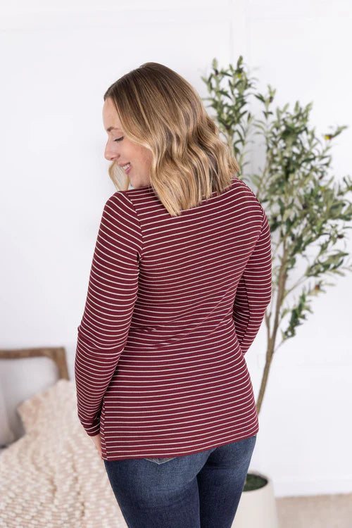 Michelle Mae | Striped Henley Long Sleeve | Burgundy