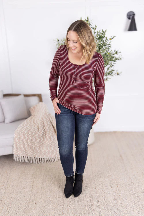 Michelle Mae | Striped Henley Long Sleeve | Burgundy