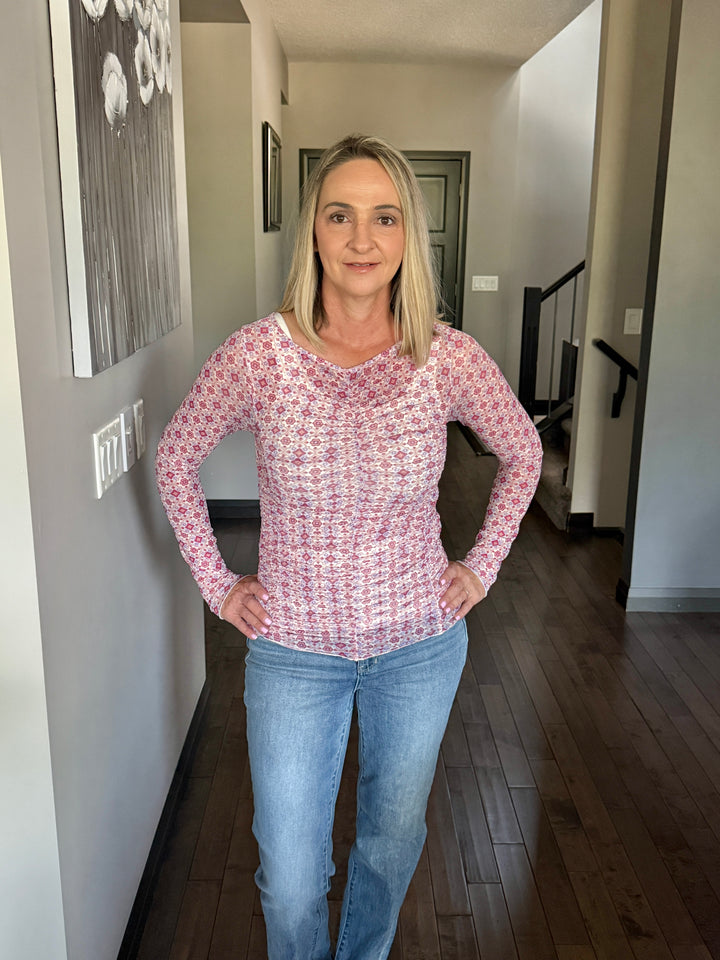 Madison Mesh Top | Ivory & Pink Abstract