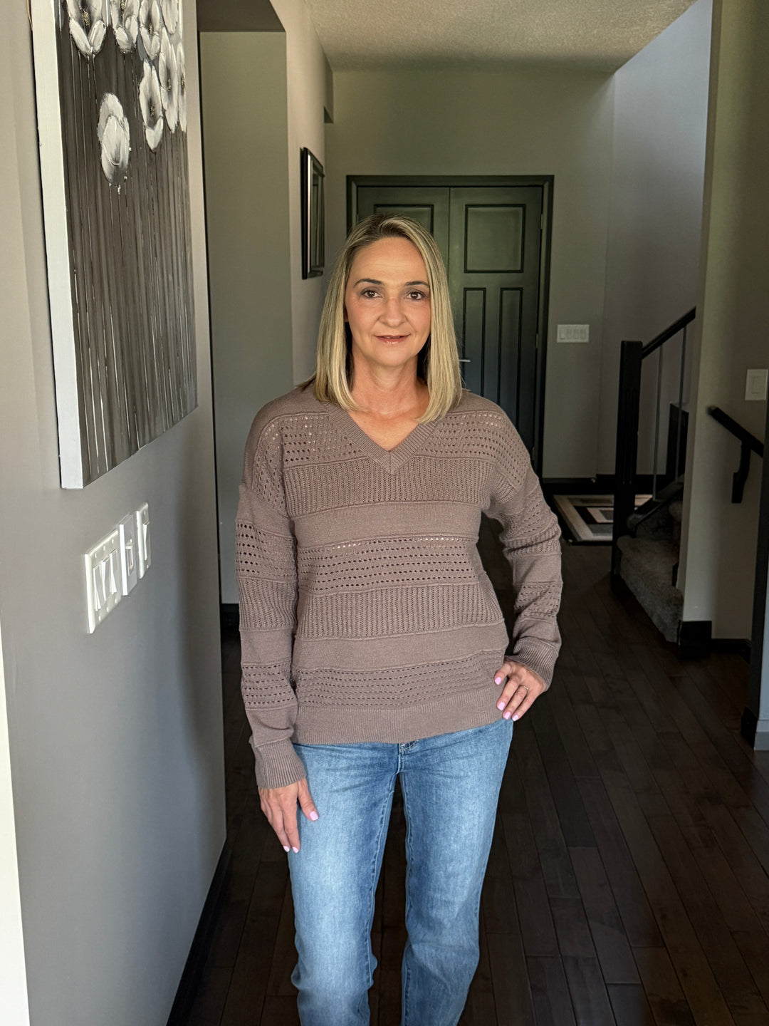 Pointelle Striped Sweater | Dark Mocha