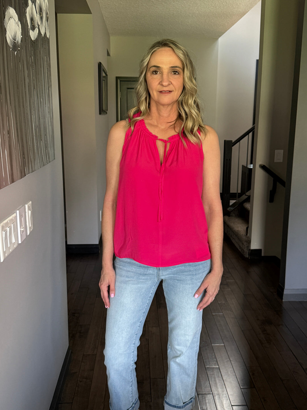 Lovestitch | Ruffle Tie Neck Sleeveless Top | Watermelon