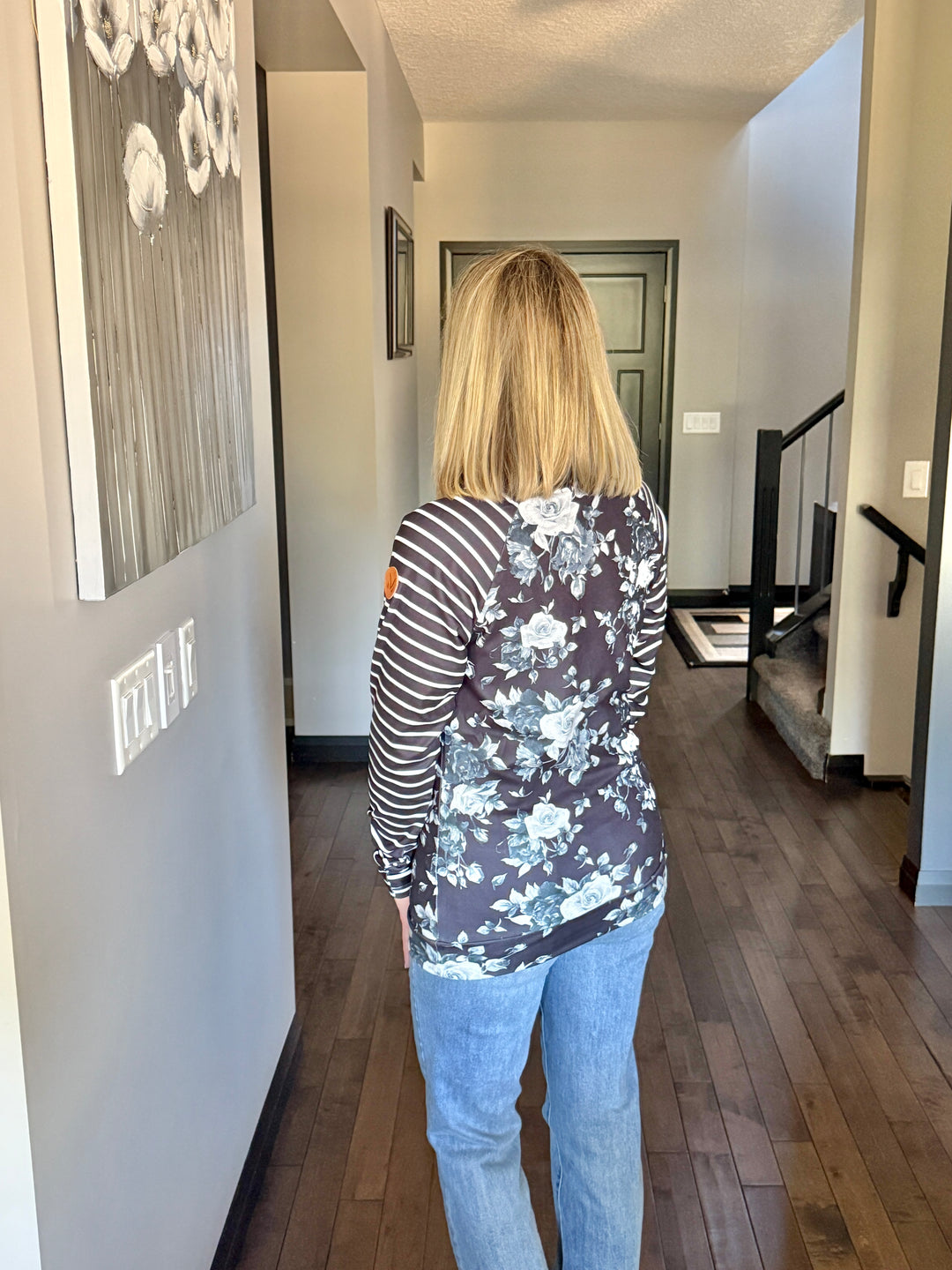 Michelle Mae | Zoey ZipCowl Sweatshirt | Black Floral & Stripes