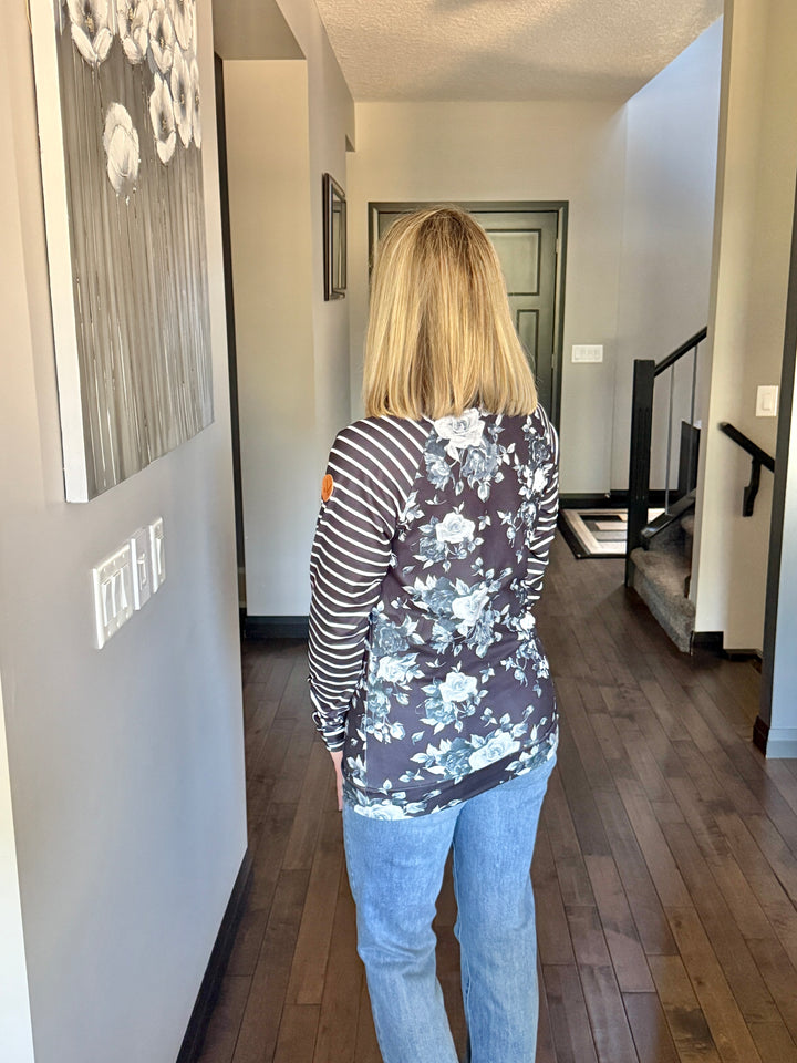 Michelle Mae | Zoey ZipCowl Sweatshirt | Black Floral & Stripes