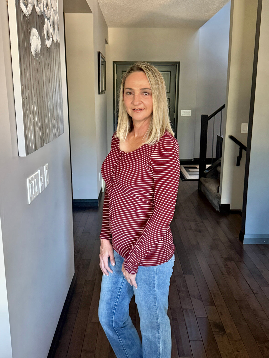 Michelle Mae | Striped Henley Long Sleeve | Burgundy