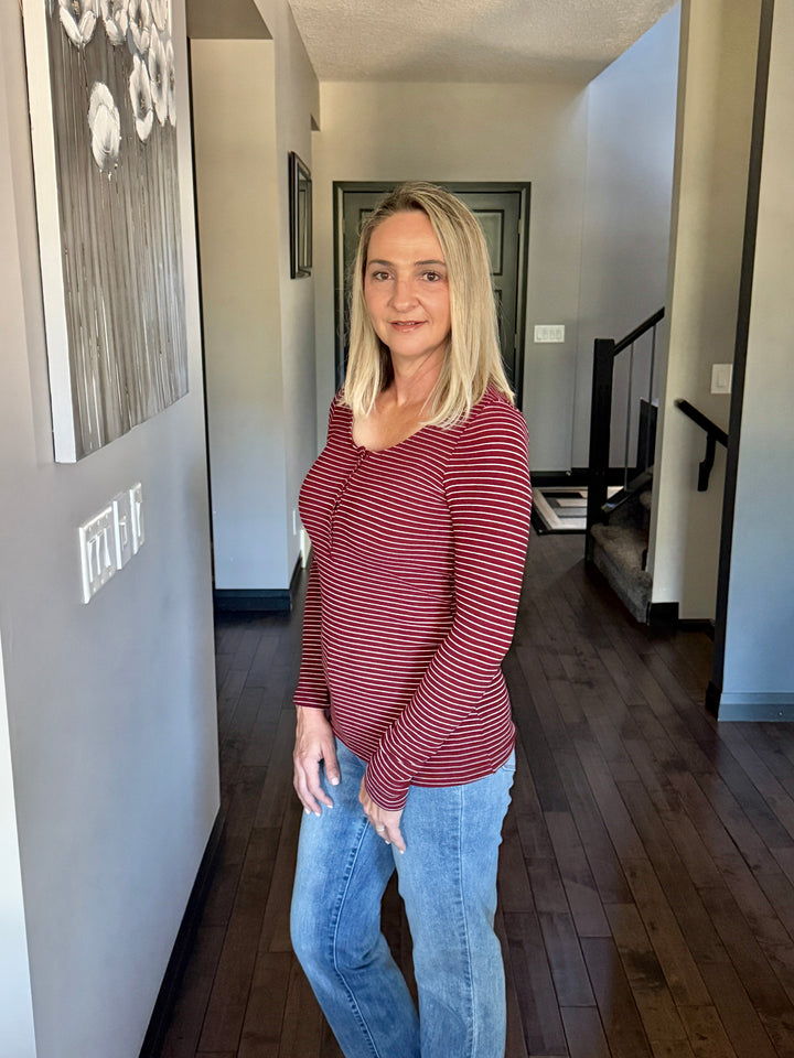 Michelle Mae | Striped Henley Long Sleeve | Burgundy
