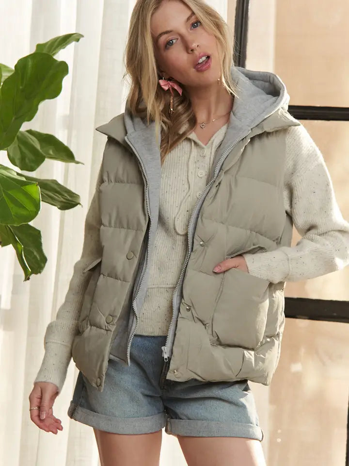 Puffer Hoodie Vest | Sage Grey