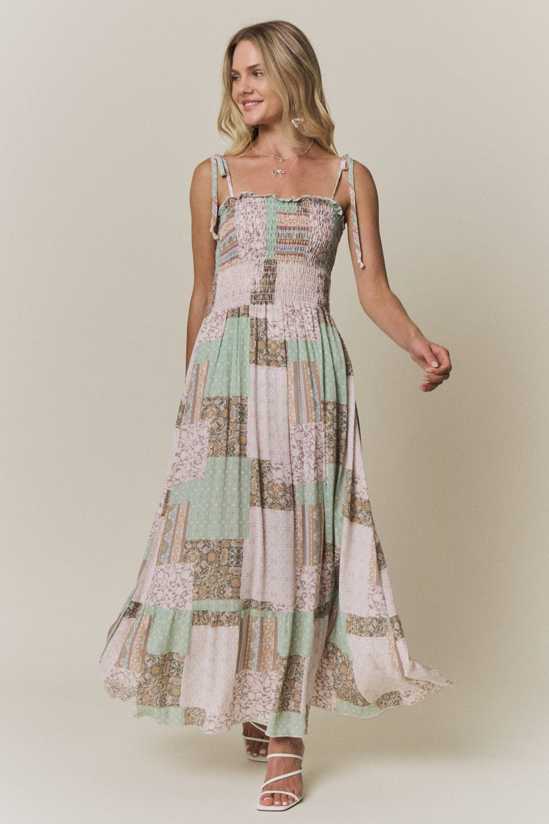 Patchwork Smocked Top Maxi Dress | Sage