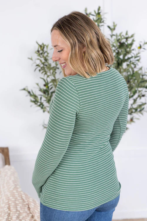 Michelle Mae | Striped Henley Long Sleeve | Fern