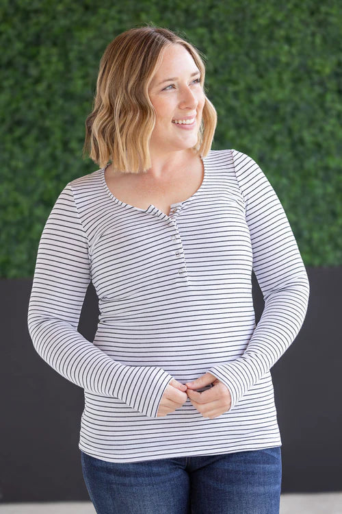 Michelle Mae | Striped Henley Long Sleeve | White