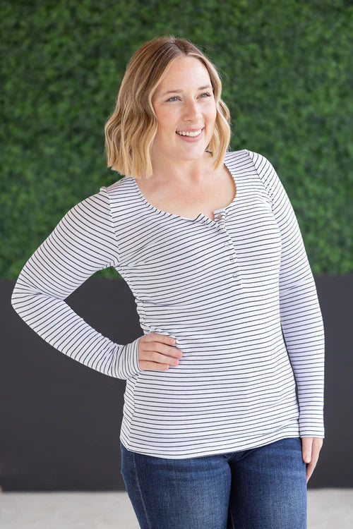 Michelle Mae | Striped Henley Long Sleeve | White
