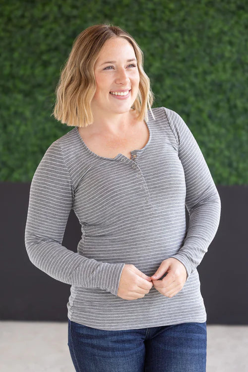Michelle Mae | Striped Henley Long Sleeve | Charcoal
