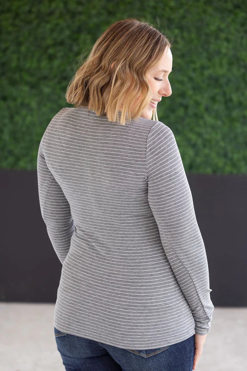 Michelle Mae | Striped Henley Long Sleeve | Charcoal