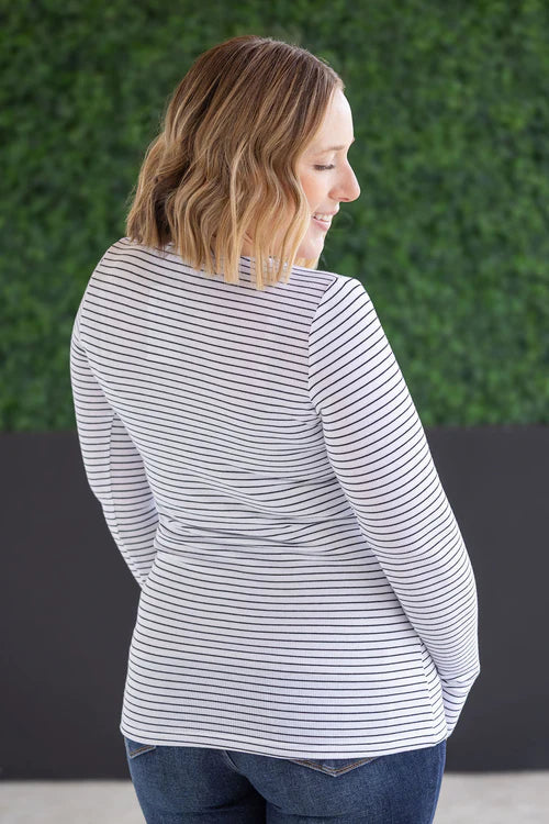 Michelle Mae | Striped Henley Long Sleeve | White