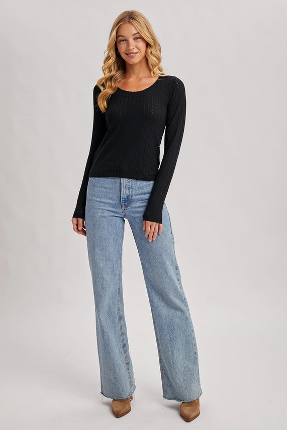 Pointelle Long Sleeve Knit Top