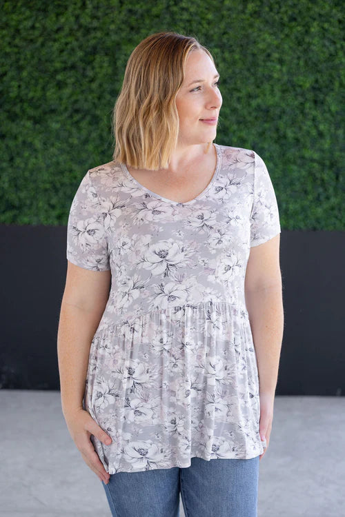 Michelle Mae | Sarah Ruffle Short Sleeve Top | Vintage Grey Floral