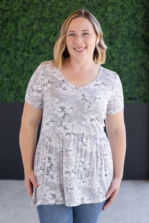 Michelle Mae | Sarah Ruffle Short Sleeve Top | Vintage Grey Floral