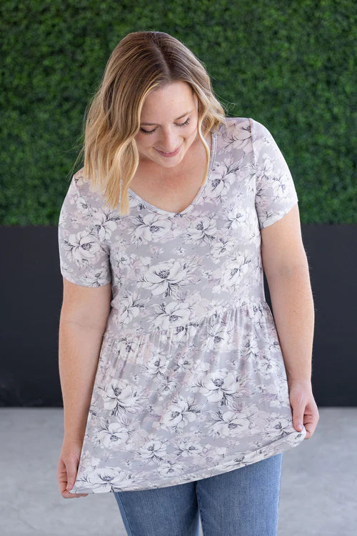 Michelle Mae | Sarah Ruffle Short Sleeve Top | Vintage Grey Floral