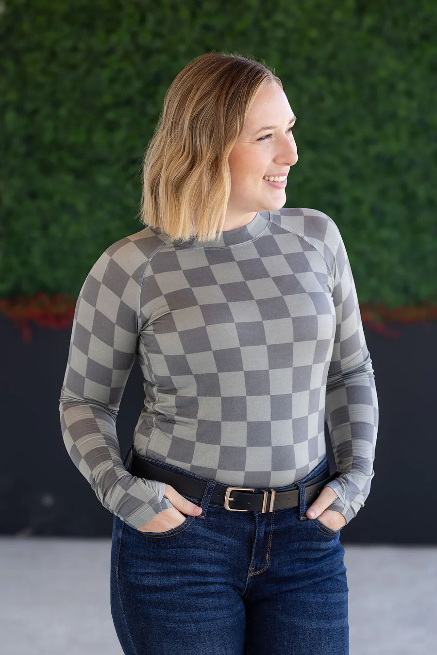 Michelle Mae | Blair Long Sleeve Top | Olive Checkers