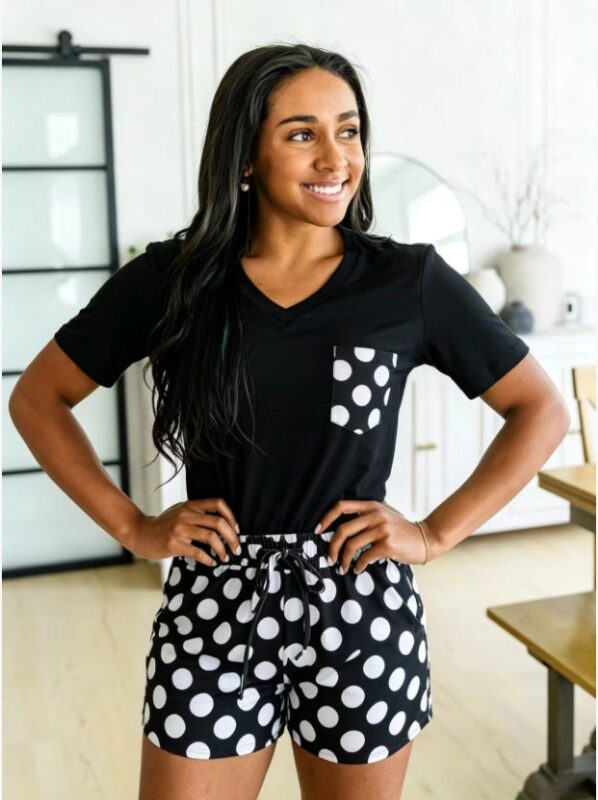 PREORDER  Shirley & Stone | Shorts & Pocket Tee PJ Set | Black Polka Dot - SHIPS EARLY JULY