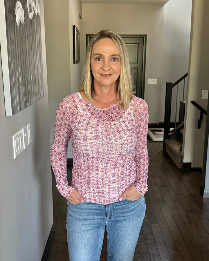 Madison Mesh Top | Ivory & Pink Abstract