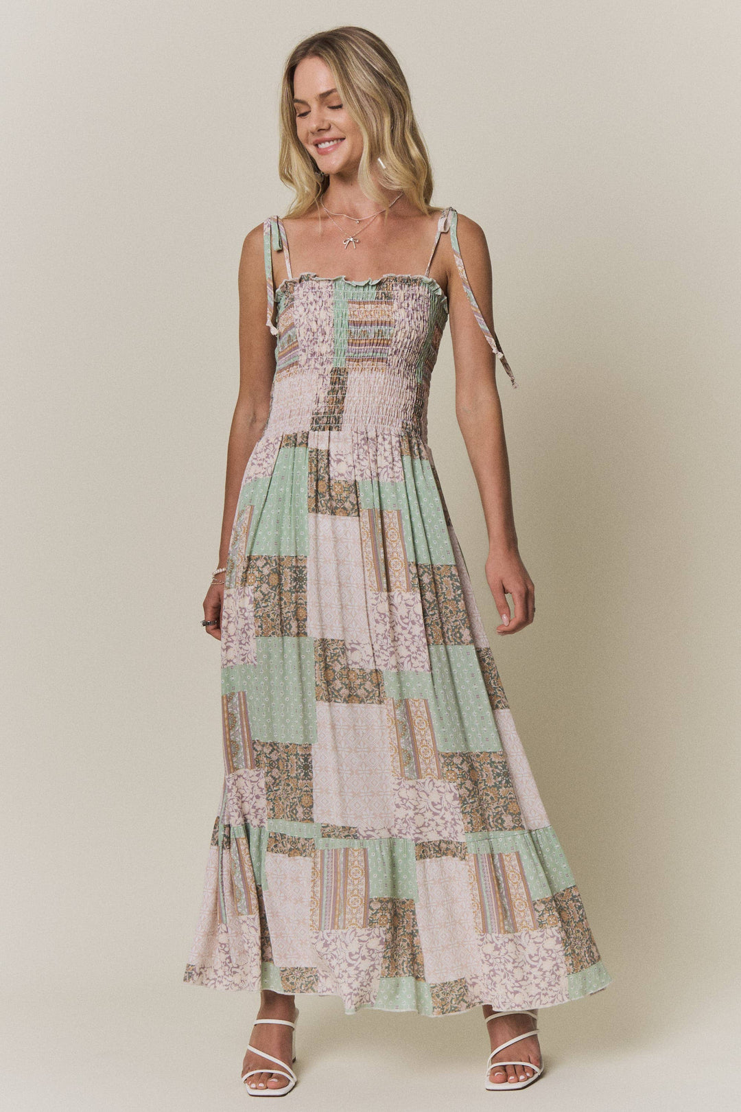 Patchwork Smocked Top Maxi Dress | Sage