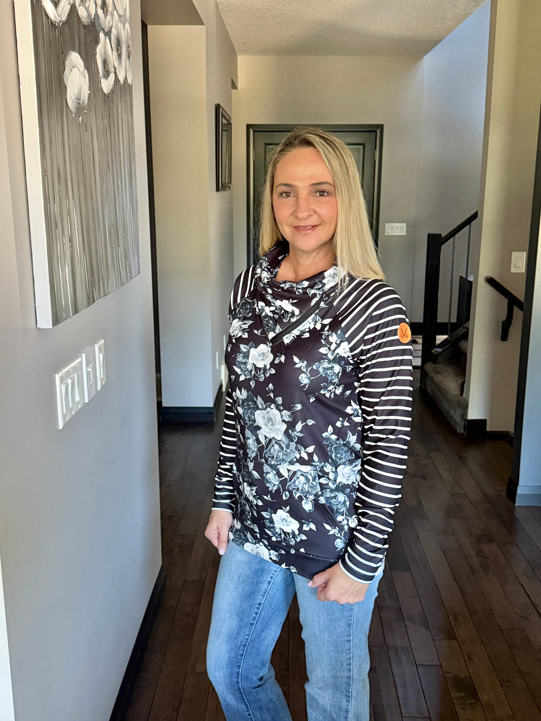 Michelle Mae | Zoey ZipCowl Sweatshirt | Black Floral & Stripes