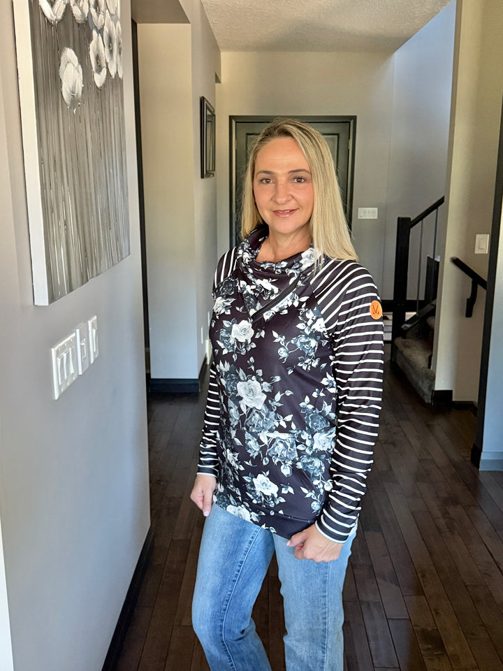 Michelle Mae | Zoey ZipCowl Sweatshirt | Black Floral & Stripes